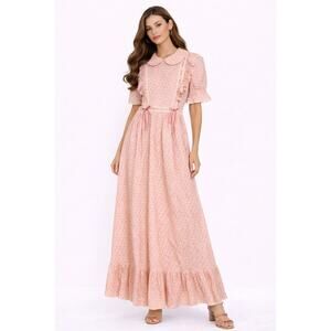Vintage 1970s Prairie Maxi Dress Pink Floral Ruffle Ribbon Tie XS